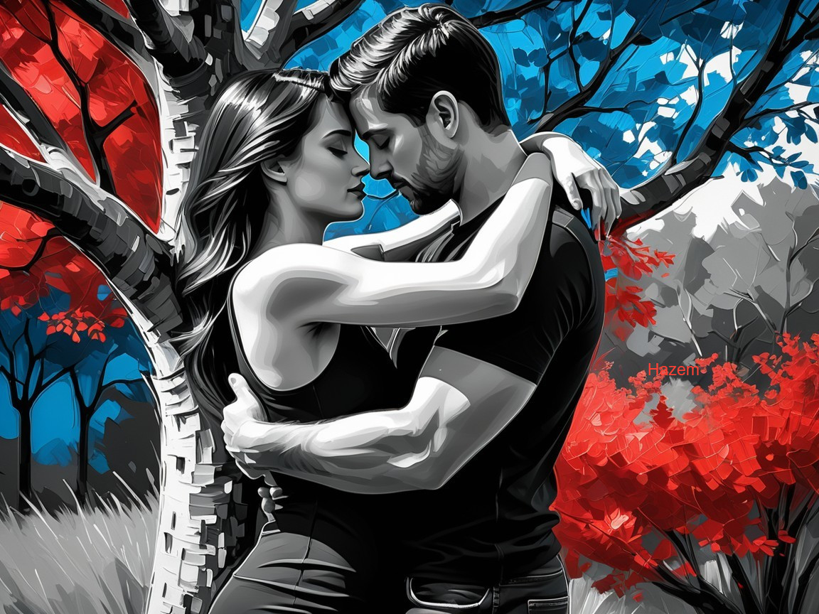 Couple Embraced Under Colorful Foliage Scene