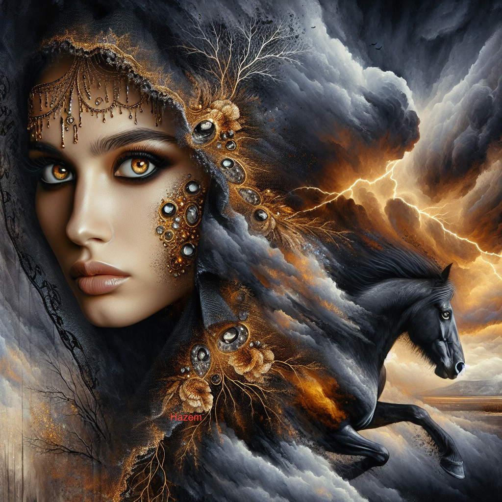 Mystical Portrait of a Woman with Amber Eyes and Horse