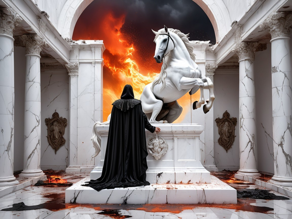 Cloaked Figure and Dramatic White Horse Statue Scene