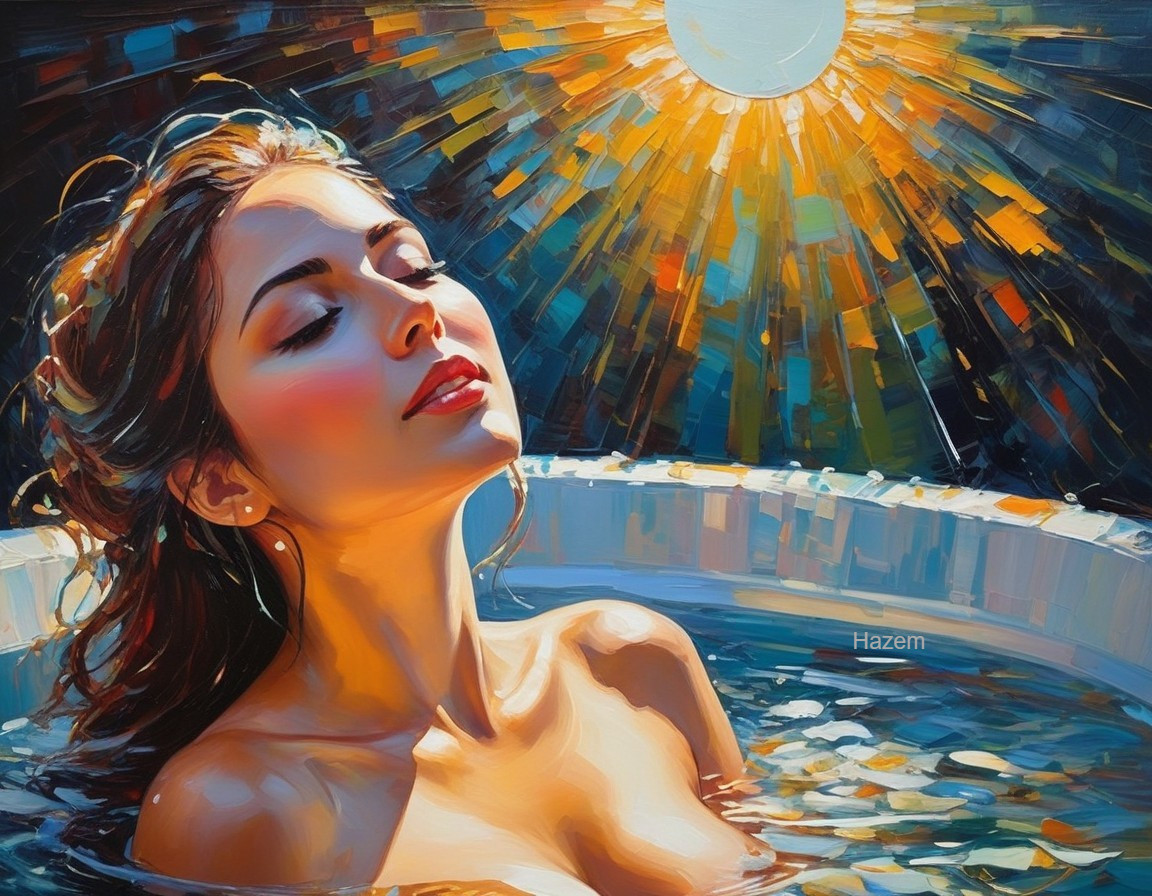 Serene Woman in Circular Pool with Sunlight Reflection