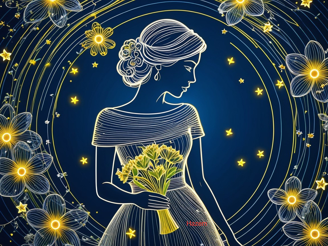 Glowing Line Art of Woman with Yellow Flowers in Dress