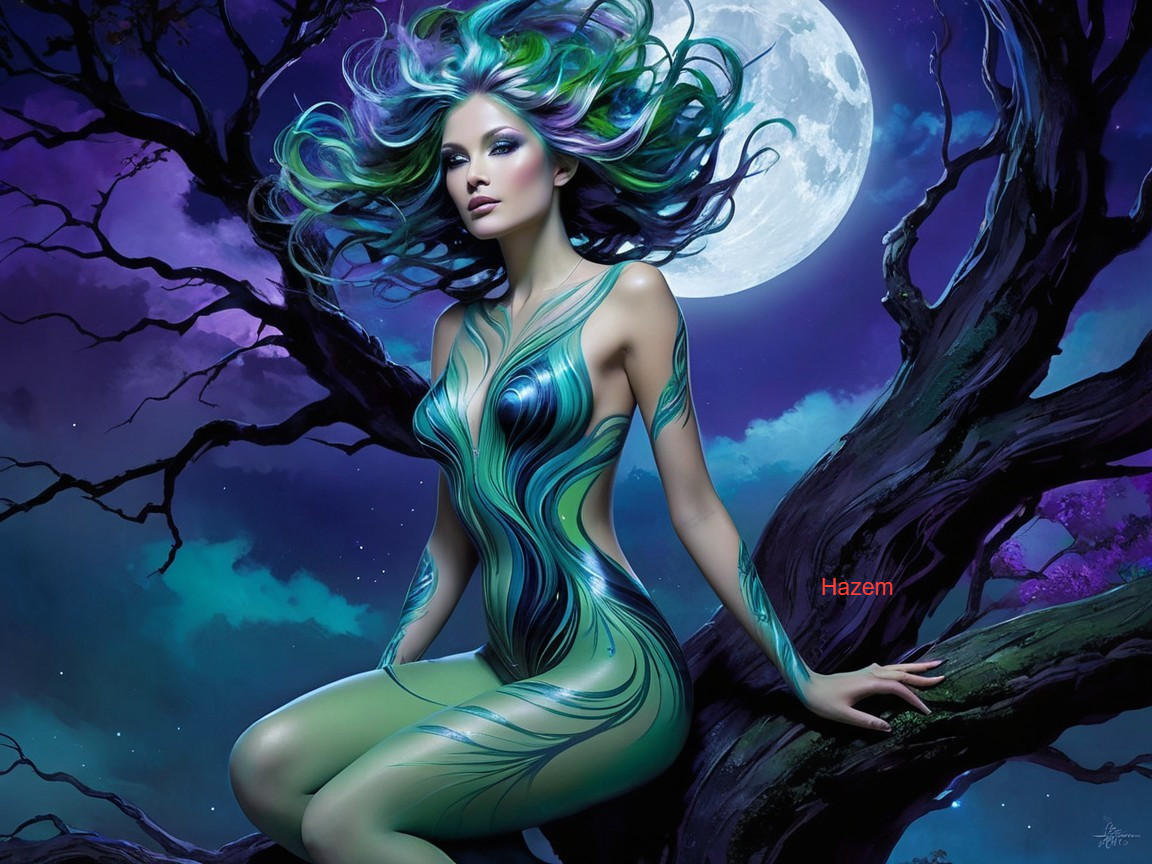 Mystical figure with green and blue hair in nighttime scene