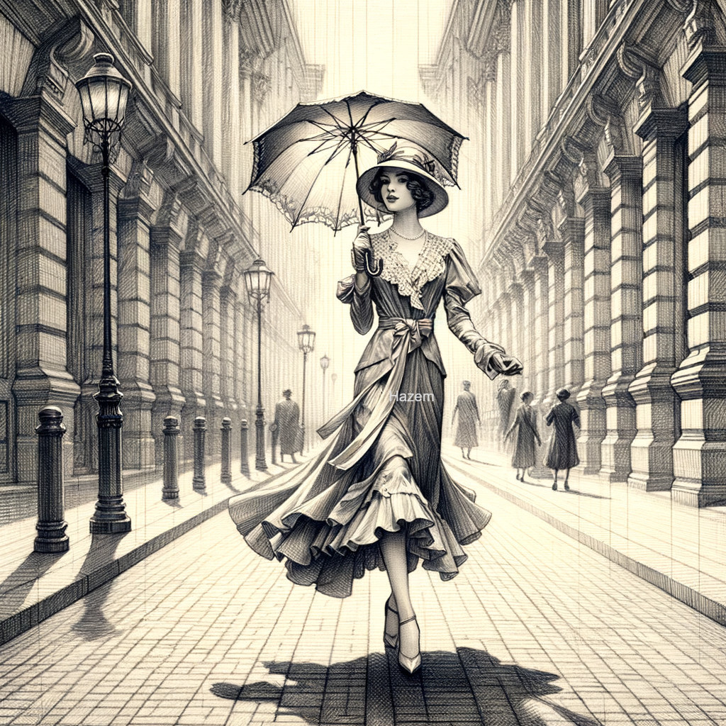 Elegant Woman on Vintage City Street with Umbrella