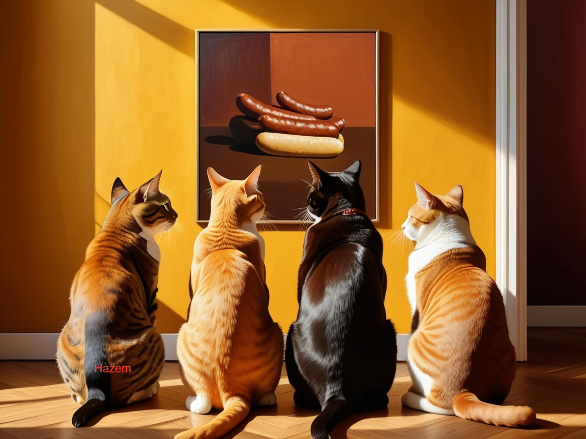 Cats Observing Still Life Painting of Sausages