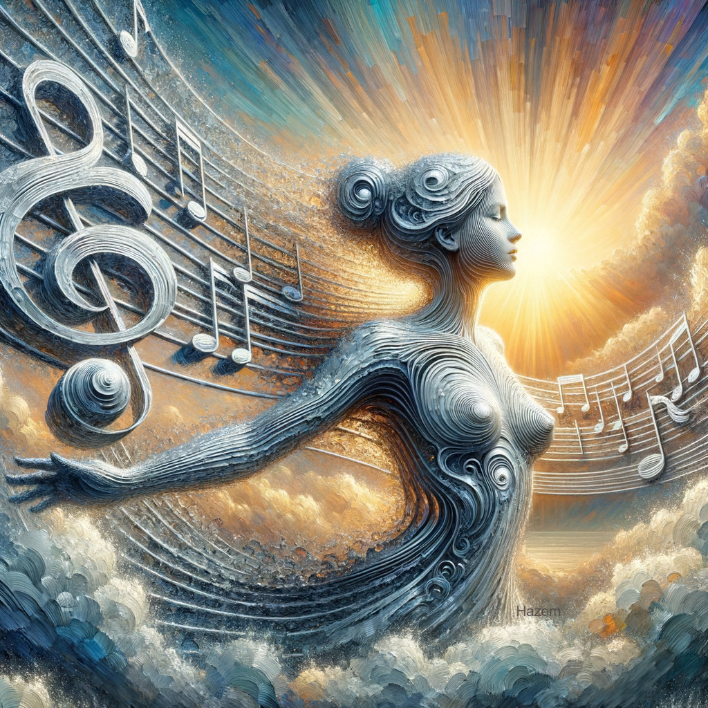 Ethereal Woman Surrounded by Clouds and Music Notes