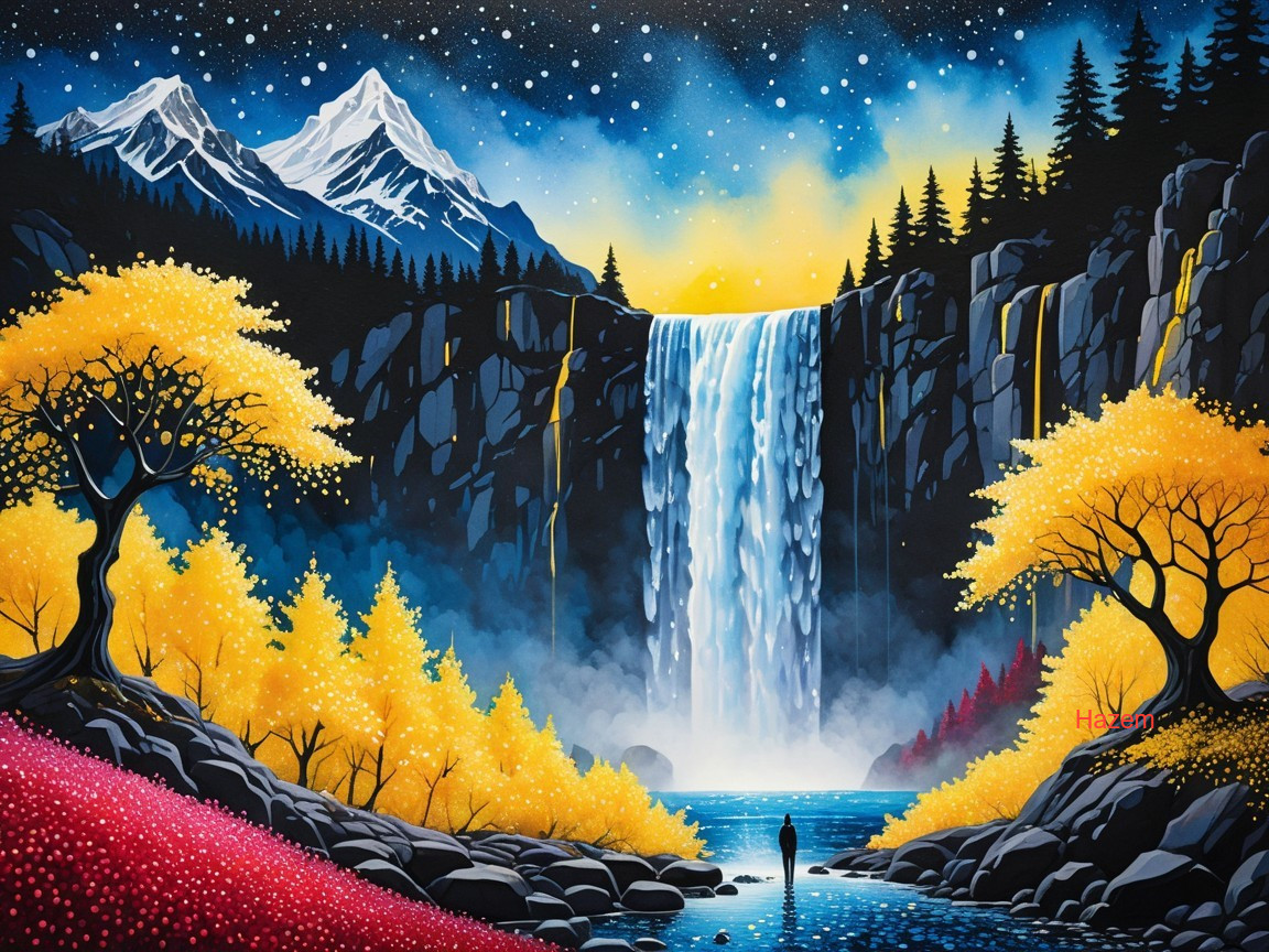 Majestic Waterfall in Autumn Landscape with Mountains