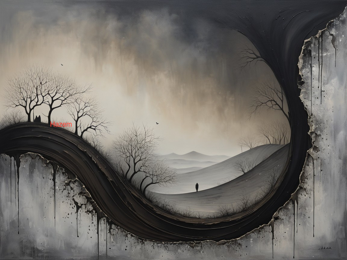 Surreal Landscape with Barren Trees and Solitary Figure