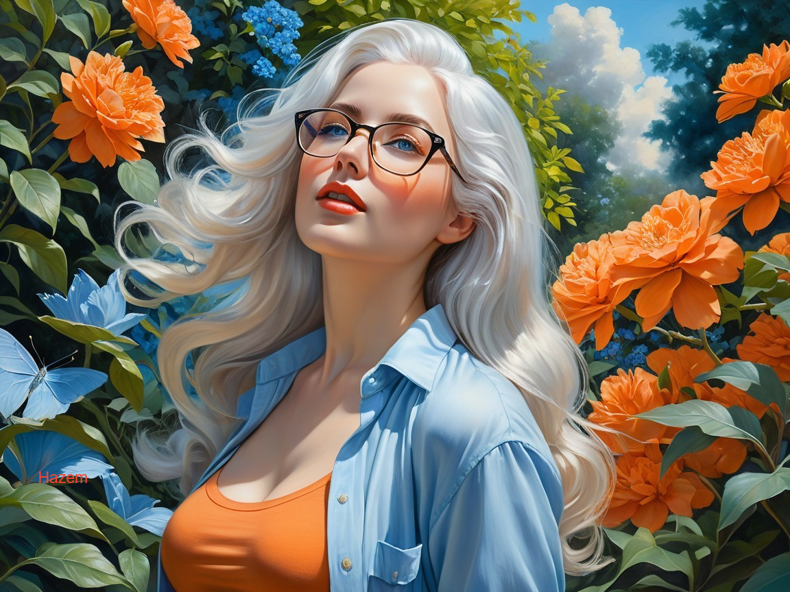 Young Woman with Silver Hair in Vibrant Garden