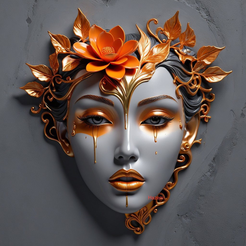 Stylized Gray Mask with Golden Leaves and Orange Flower