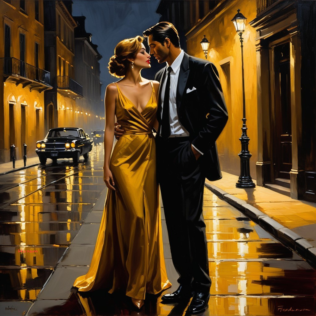 Romantic Couple on Rainy Street with Vintage Lamps