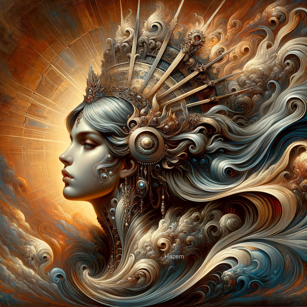 Majestic Female Figure with Gold and Blue Patterns