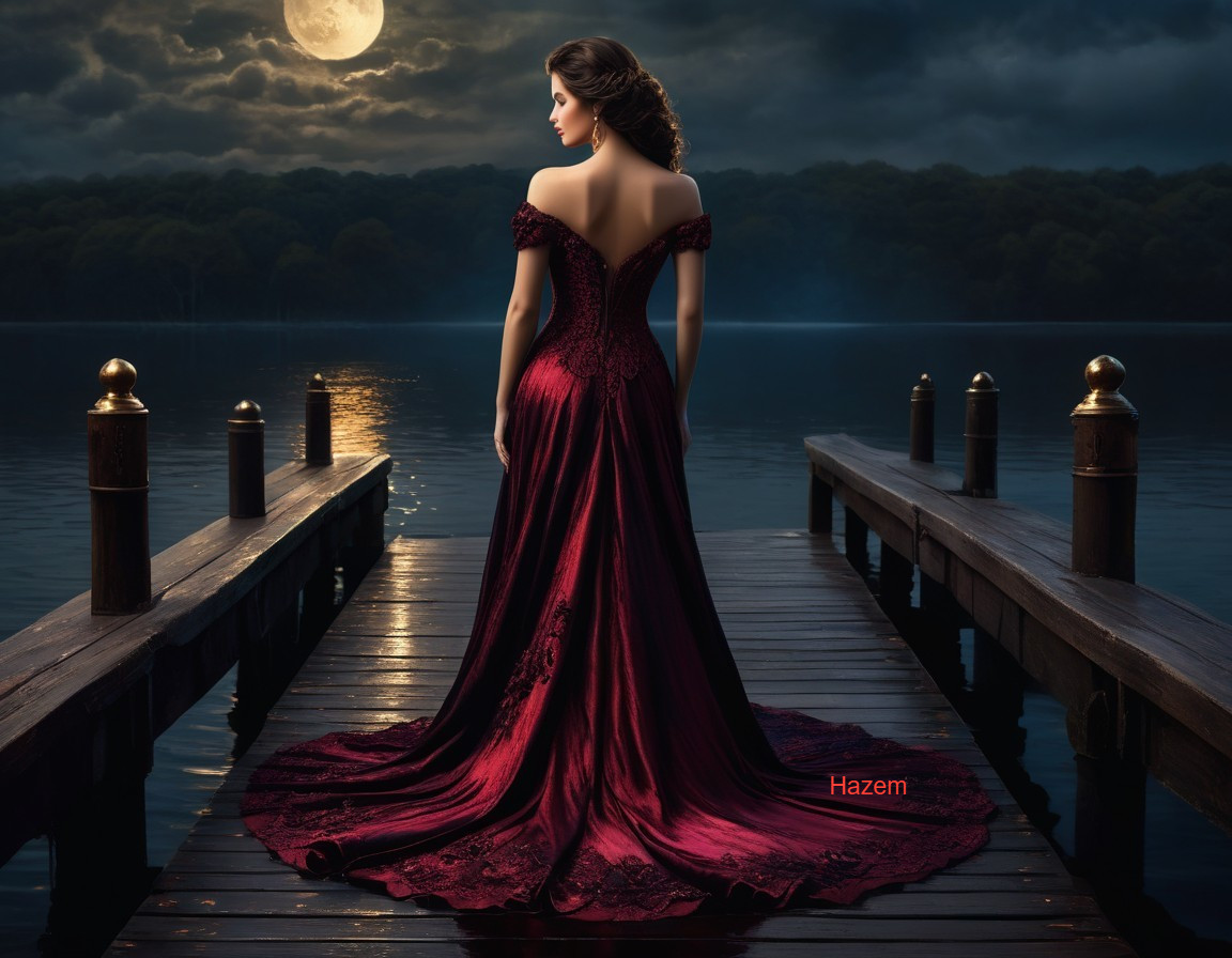 Elegant woman in red gown on tranquil lake dock