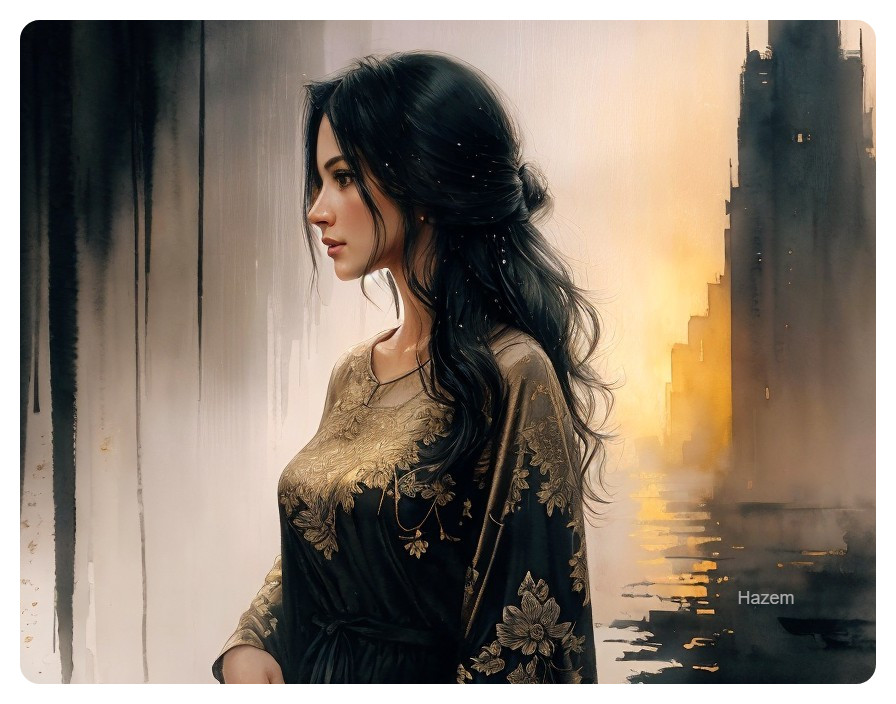 Serene Woman in Dark Gown Against Ethereal Sunset