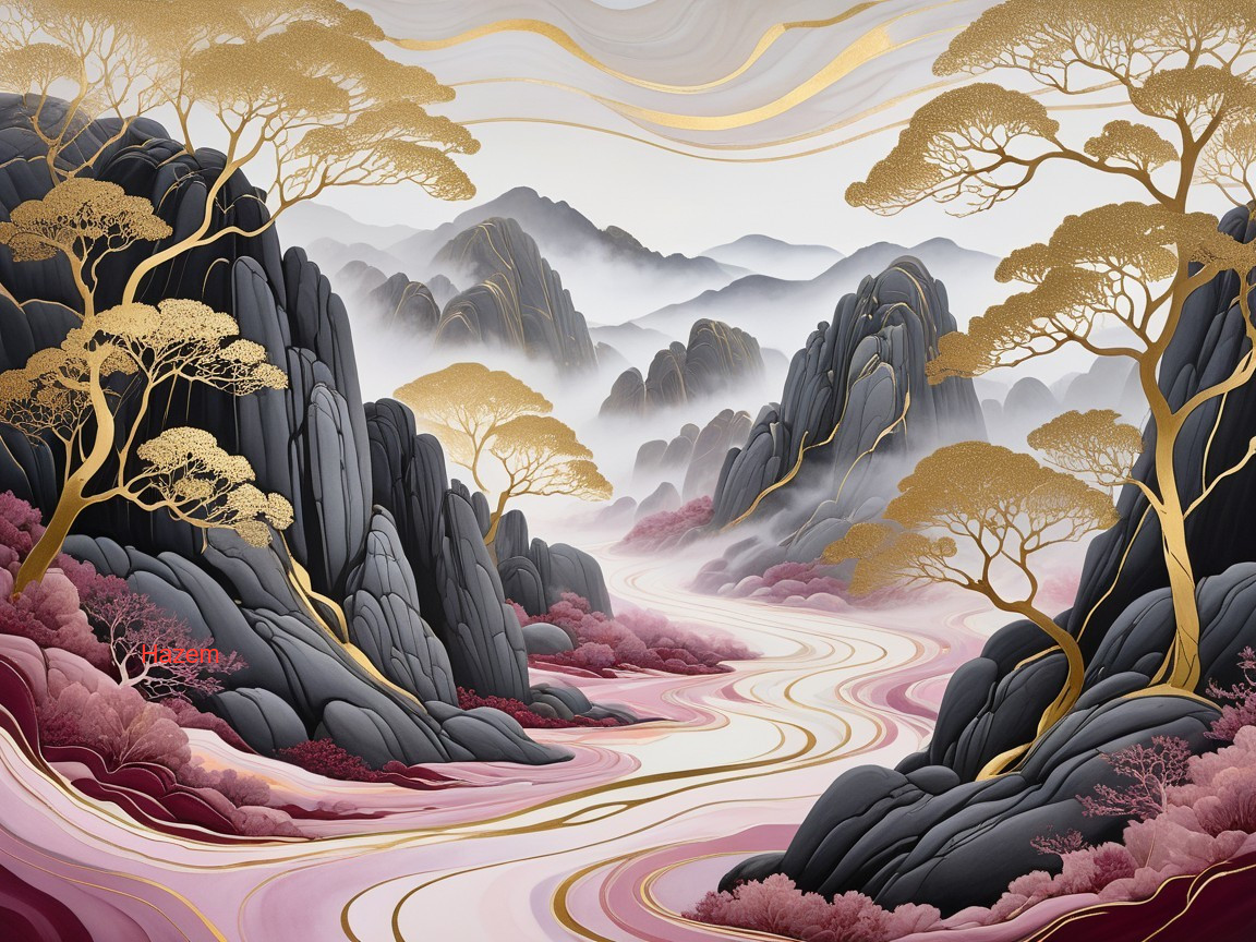 Serene Landscape with Rivers and Stylized Mountains