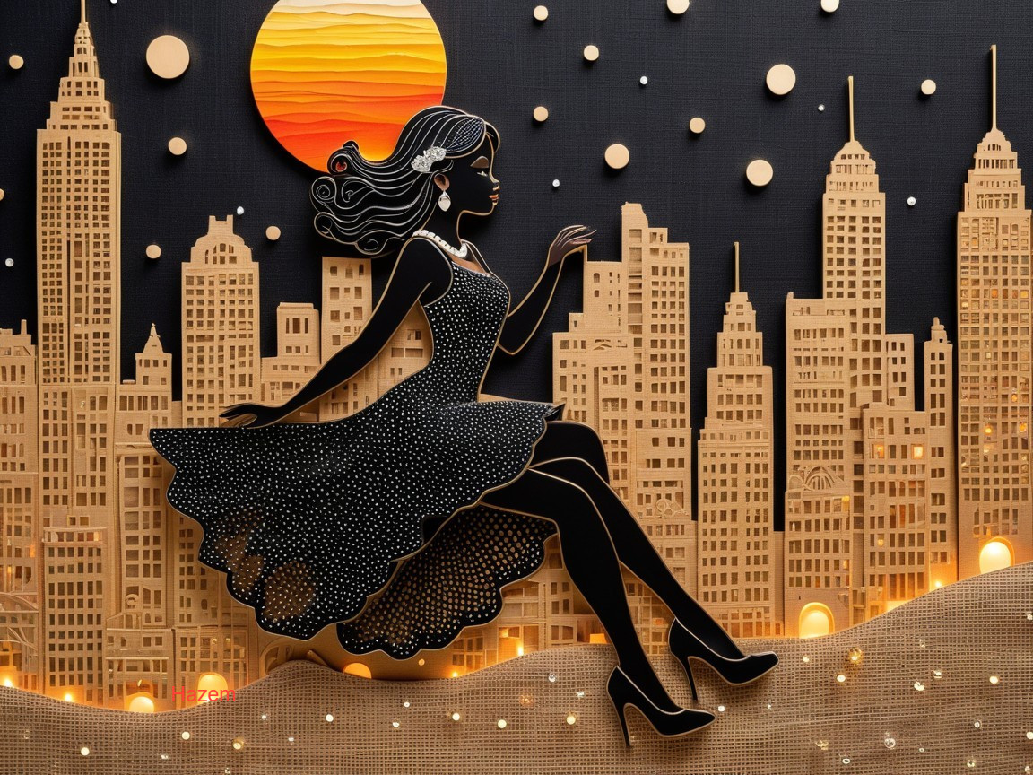 Silhouette of Woman in Elegant Dress with City Skyline