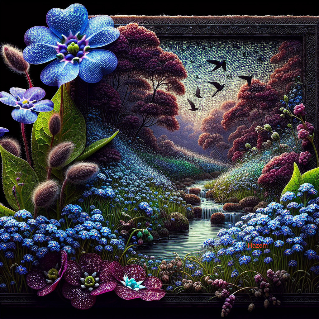 Fantastical Landscape with Vibrant Flowers and Stream