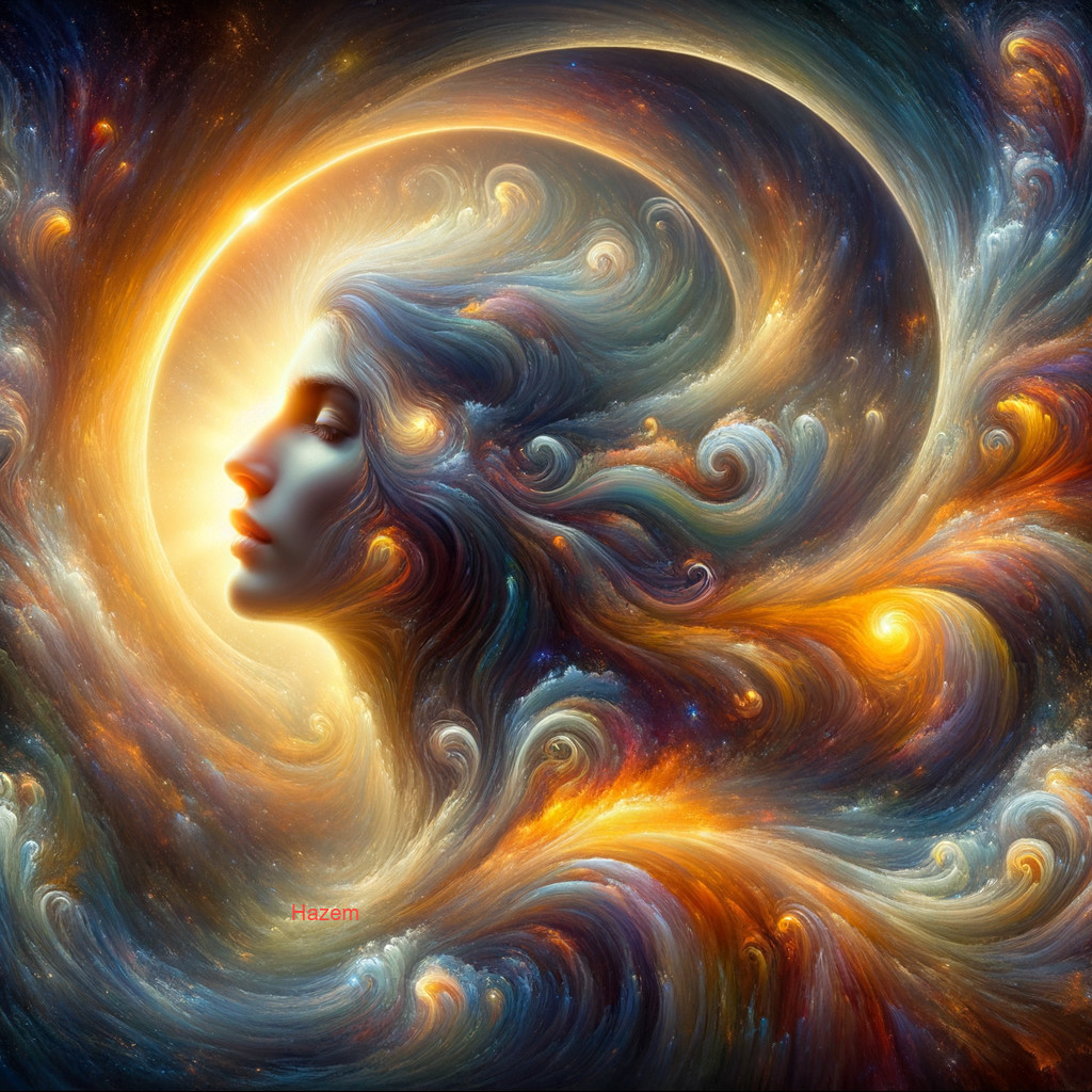 Woman's profile merges with swirling galaxies and stars in cosmic portrait