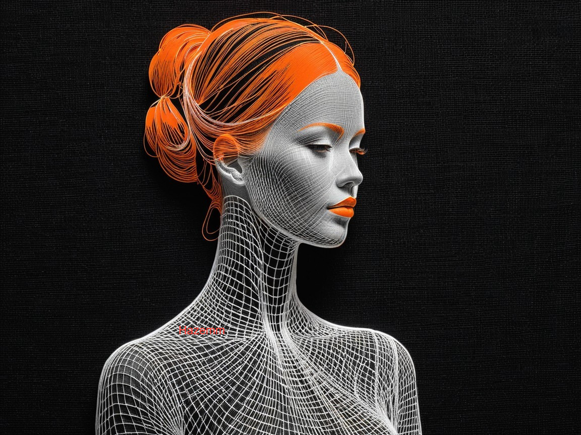 Stylized Female Figure in Wireframe with Orange Accents