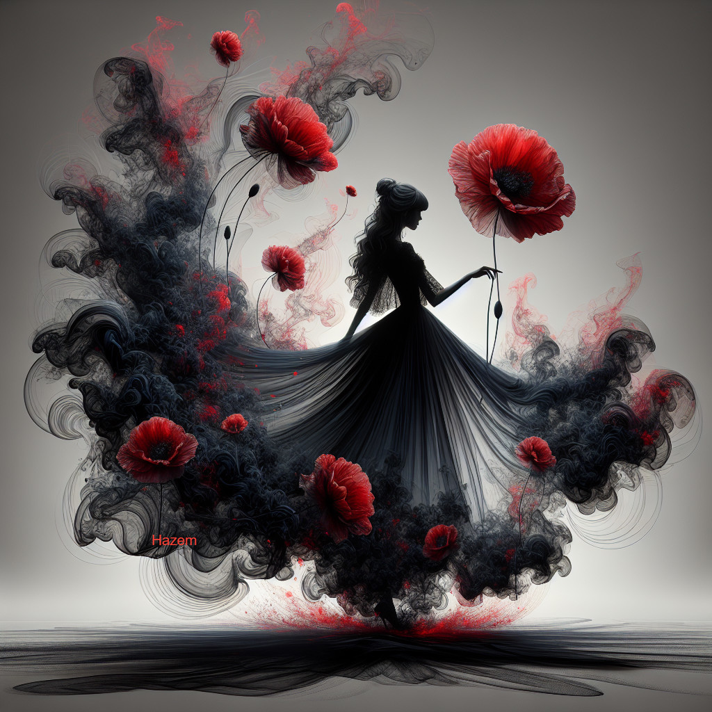 Elegant Figure in Black Dress Surrounded by Poppies