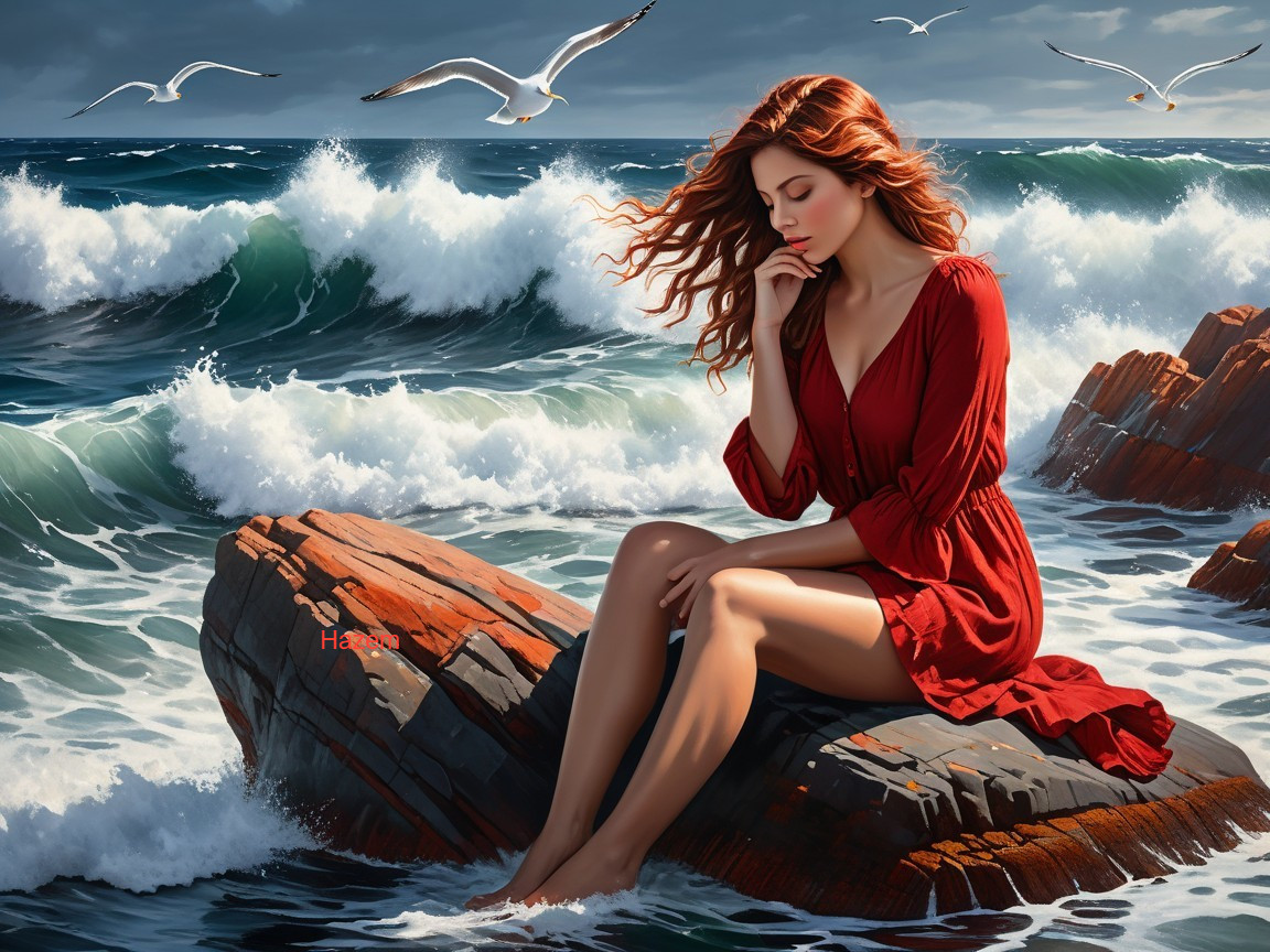Young Woman in Red Dress by the Sea with Waves
