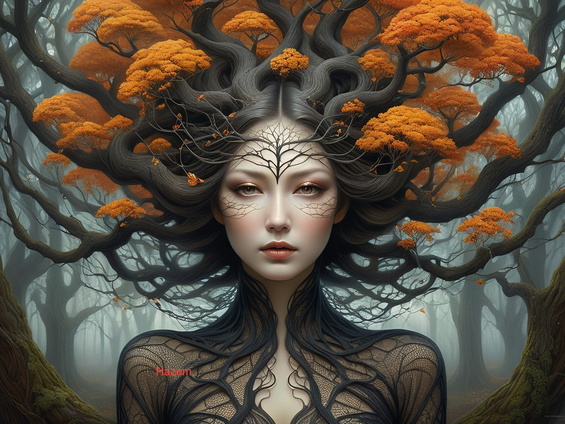 Mystical Figure in Foggy Forest with Nature Elements