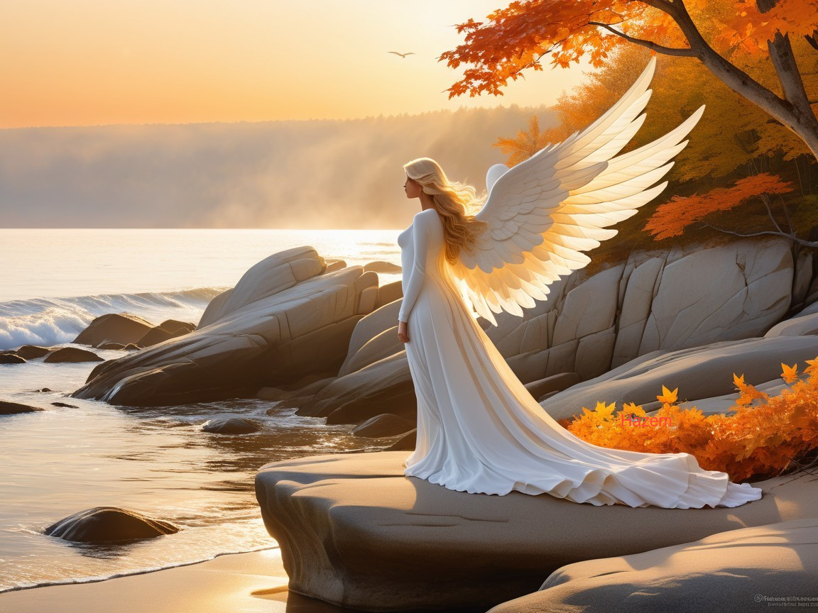 Serene Sunset Scene with Figure and Feathered Wings