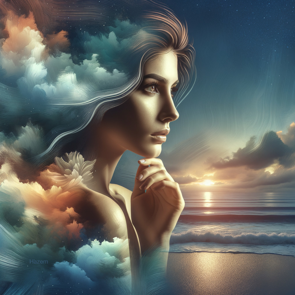 Surreal Portrait of Woman with Ocean Sunset and Clouds