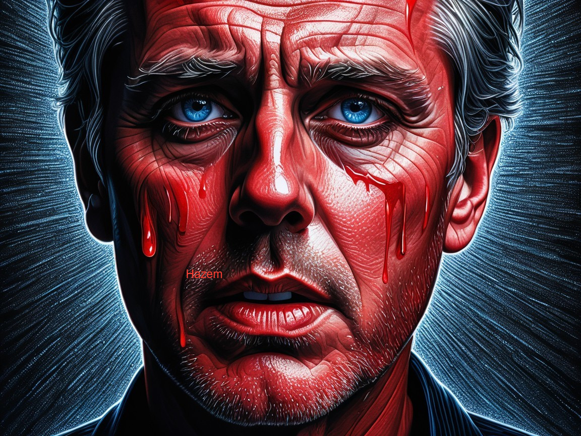 Close-Up Portrait of a Man with Blue Eyes and Blood