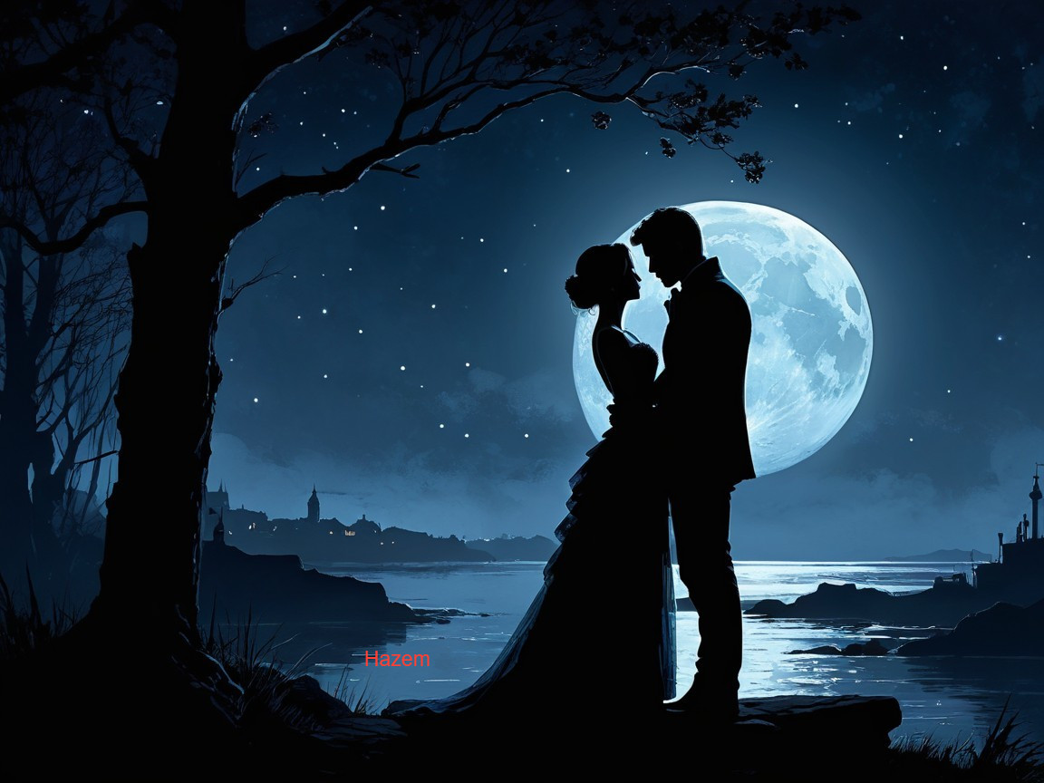 Romantic Silhouette of a Couple Under the Full Moon