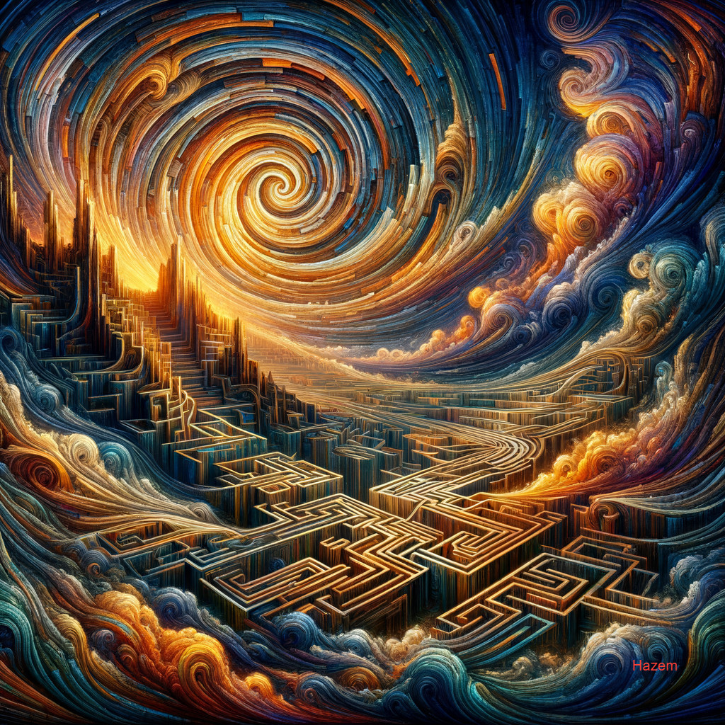 Surreal artwork: Labyrinthine city under Van Gogh-style starry sky