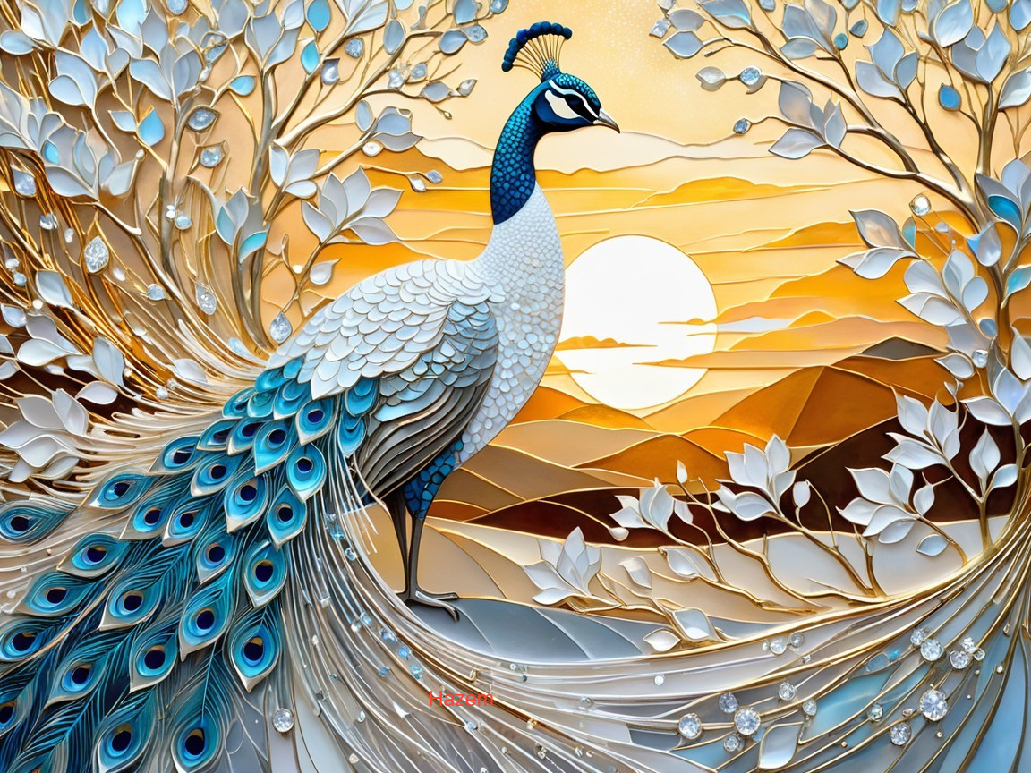 Peacock Displaying Vibrant Plumage at Sunset