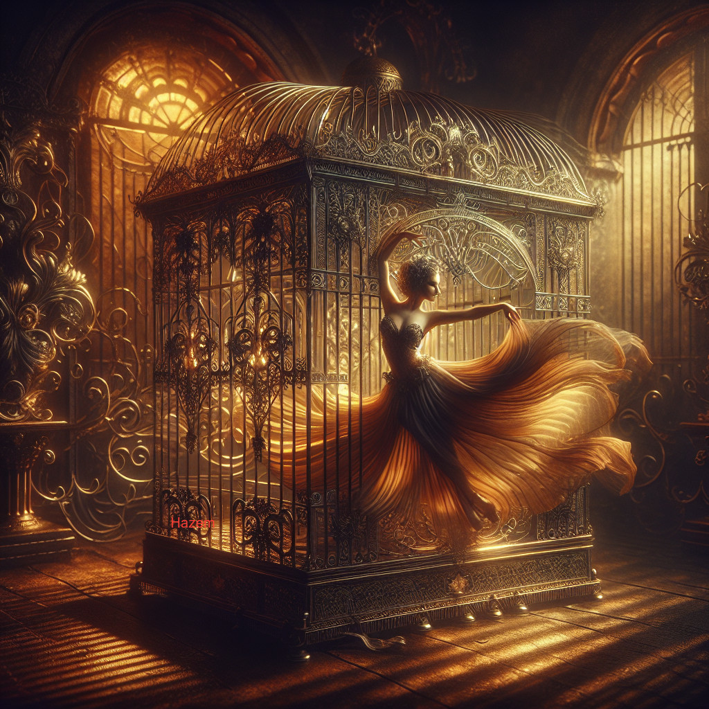Ornate metal cage with a twirling figure in gown