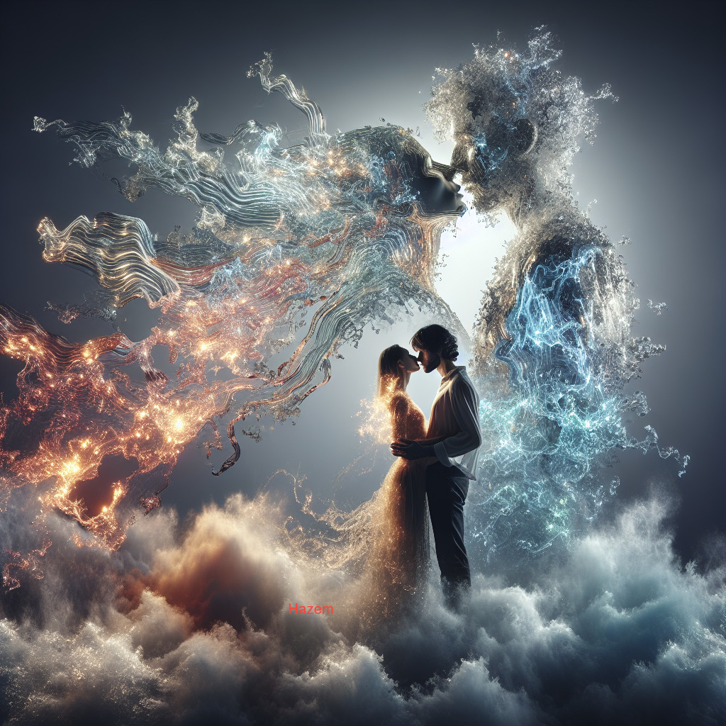 Surreal Artwork of Ethereal Figures and Romantic Embrace