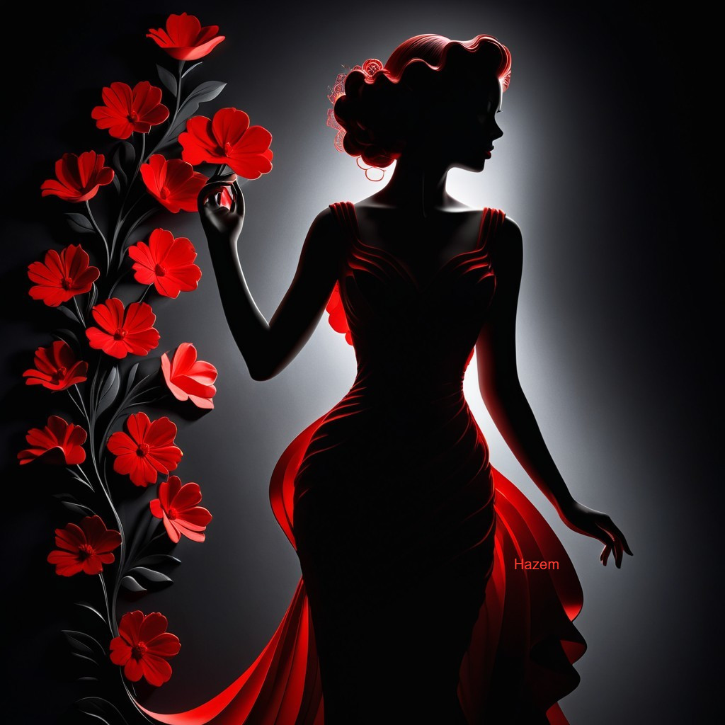 Silhouette of Woman in Red Dress with Flowers