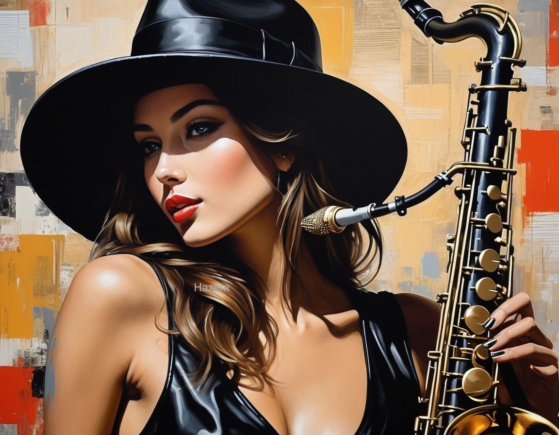 Glamorous Woman in Black Hat with Saxophone Portrait