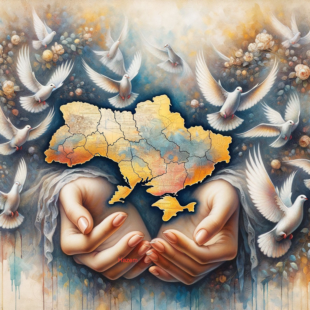 Map of Ukraine in Hands with Doves and Floral Background