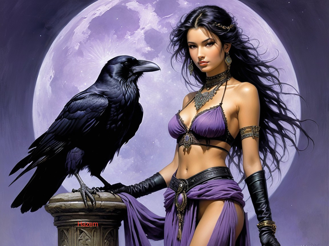 Mysterious Woman and Raven Under Full Moon Glow
