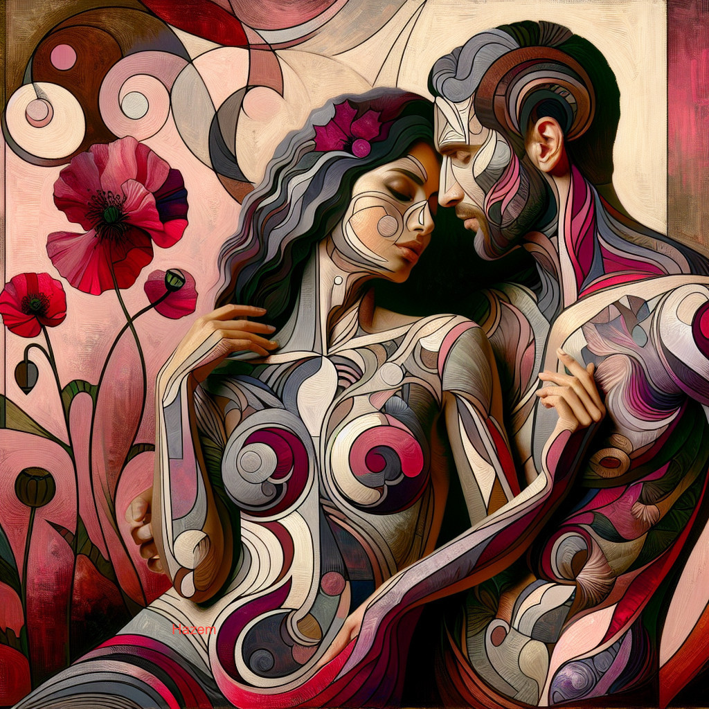Couple Embraced with Abstract Patterns and Florals