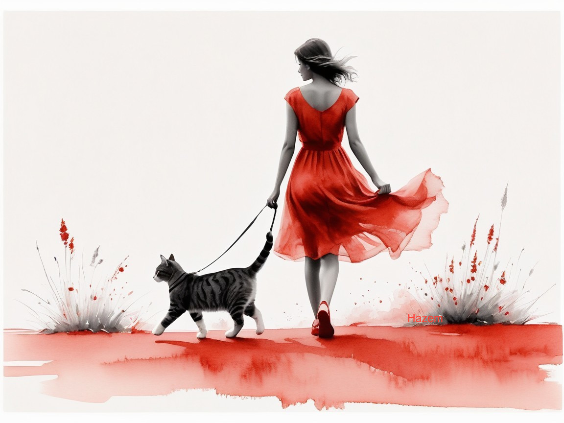 Woman in Red Dress Walking Tabby Cat on Leash