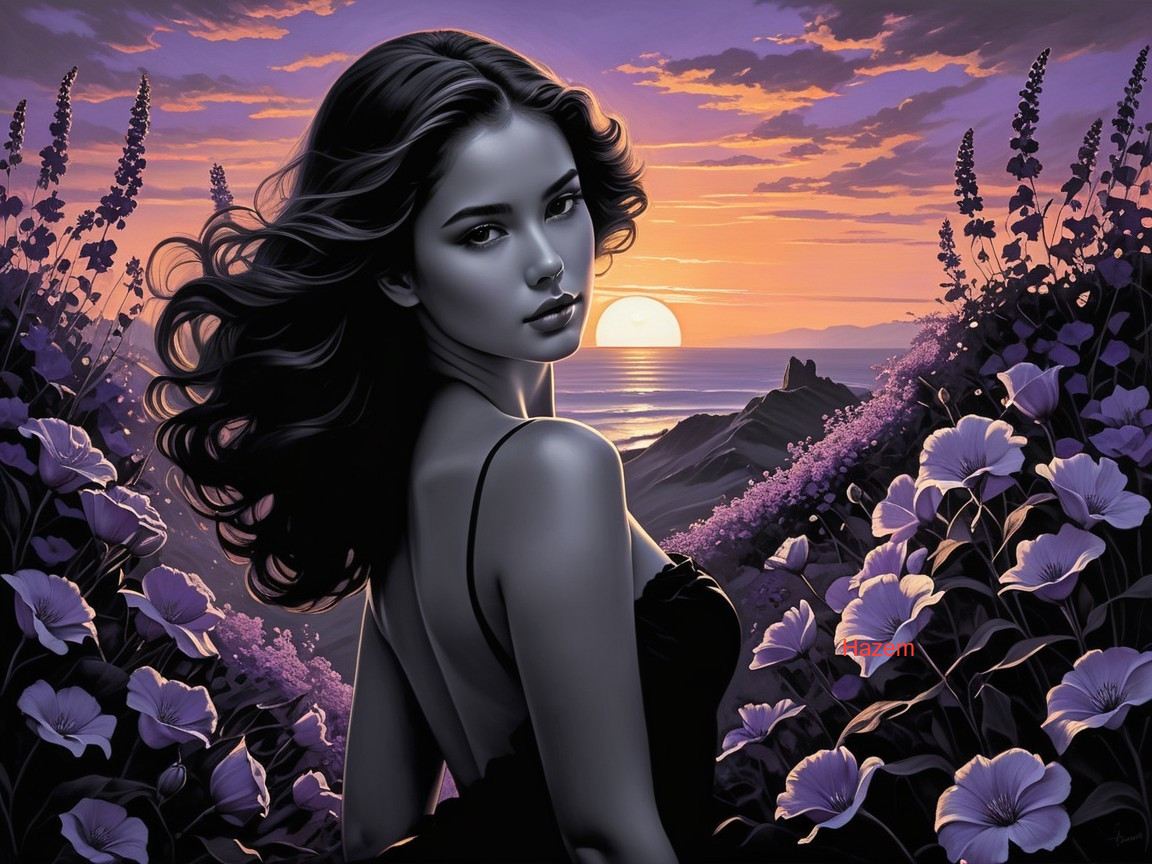 Young Woman Overlooking Ocean at Sunset with Flowers