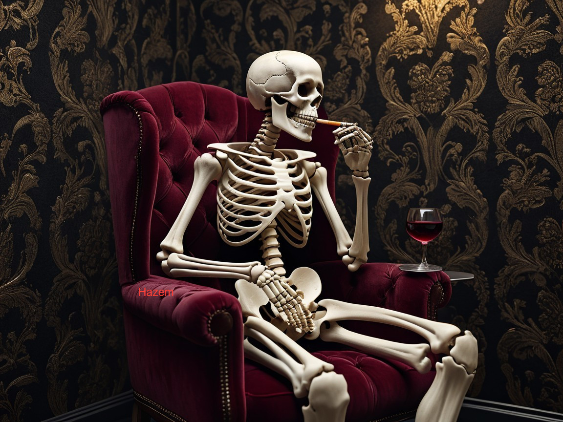 Skeleton in Burgundy Armchair with Wine and Wallpaper