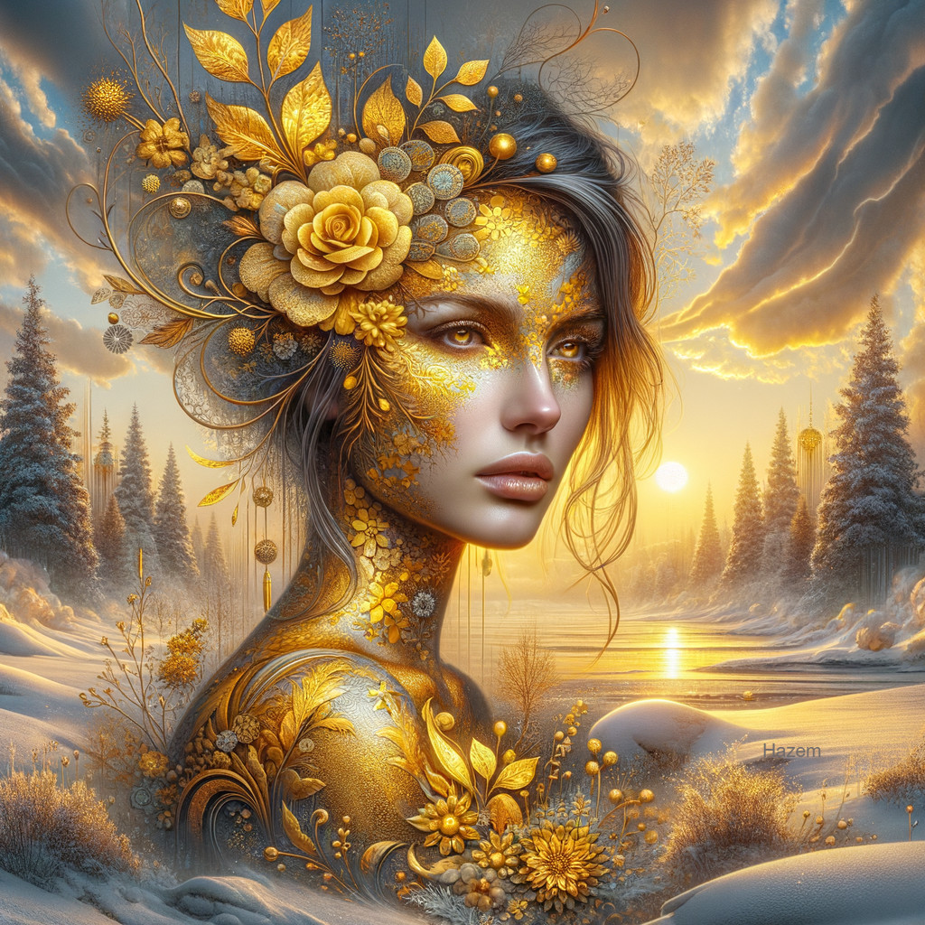 Fantasy Portrait of Woman with Golden Flowers in Winter