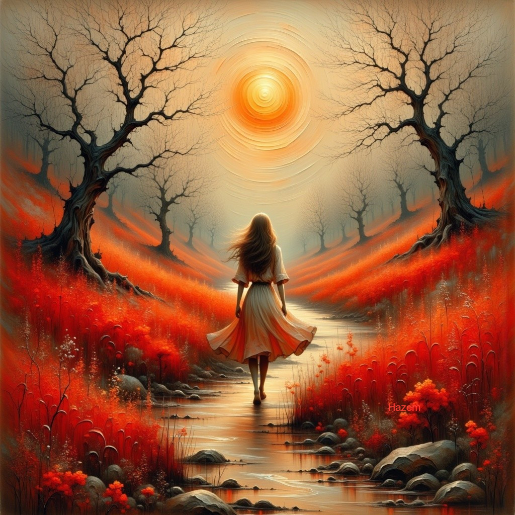 Woman in White Dress Walking Through Vibrant Landscape
