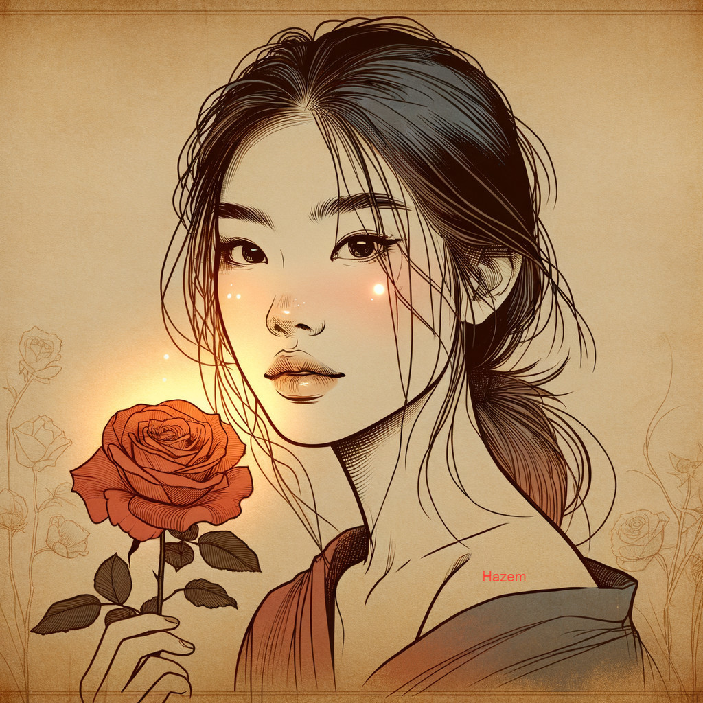 Young Woman Holding a Rose with Serene Expression