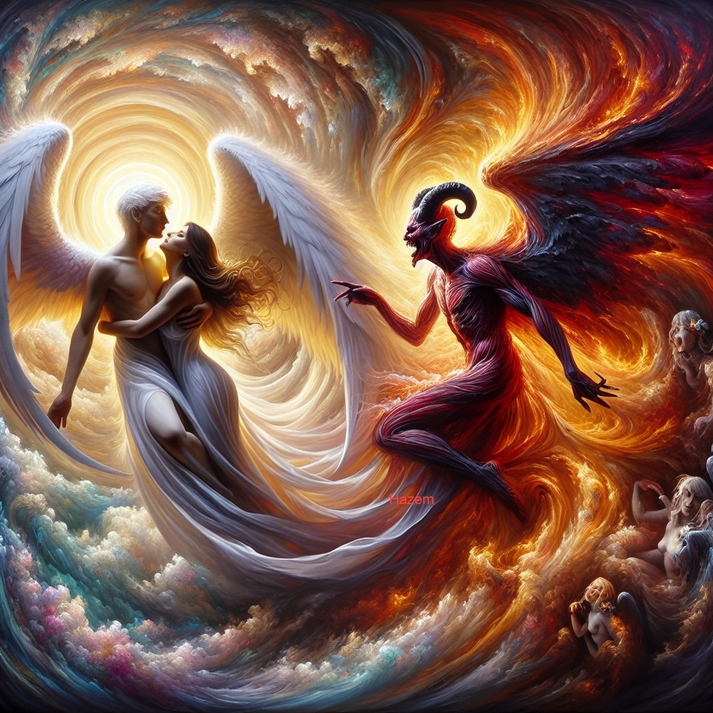 Celestial Beings and Menacing Figure in Dramatic Scene