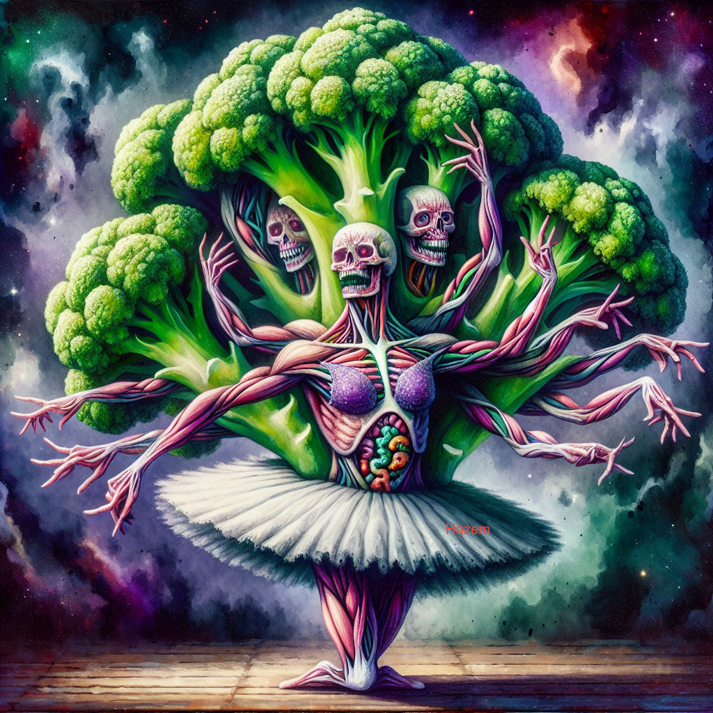 Surreal Artwork of Broccoli Tree with Skeletal Figures
