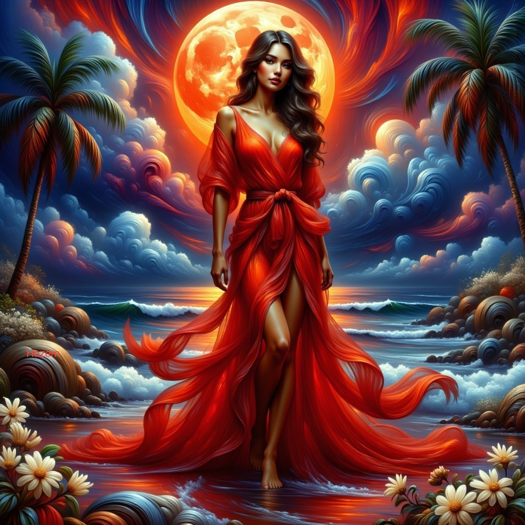 Woman in Red Gown at Vibrant Beach at Sunset