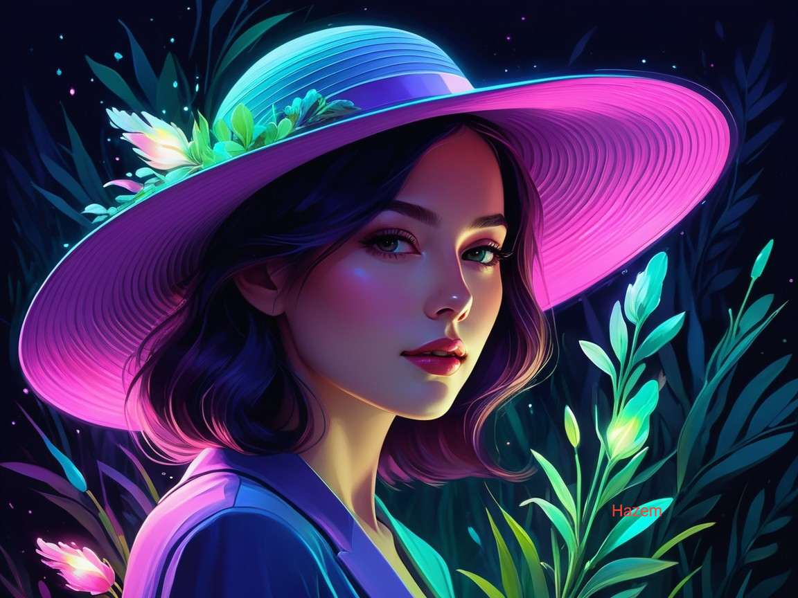 Young Woman in Floral Hat Surrounded by Vibrant Foliage