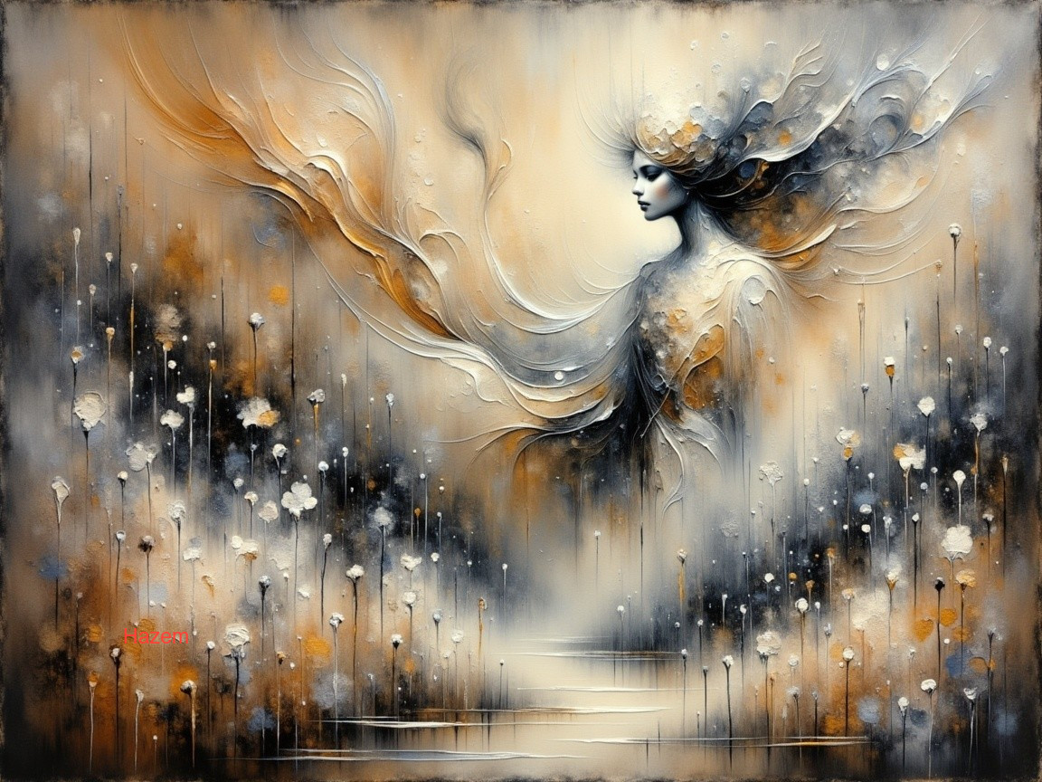 Surreal Painting of Graceful Figure with Floral Motifs