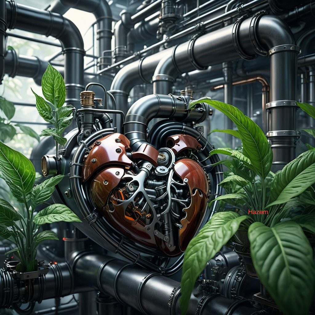 Steampunk Heart with Gears and Green Plants in Art